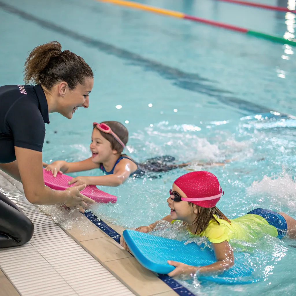 Children learning to swim under the guidance of a professional instructor